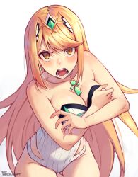 1girls bare_shoulders blonde_hair blush breast_hold breasts core_crystal covering covering_breasts earrings grabbing grabbing_another's_breast headpiece highres jewelry large_breasts long_hair looking_at_viewer mythra nintendo one-piece_swimsuit phrecklesart solo swept_bangs swimsuit tiara tsundere very_long_hair xenoblade_(series) xenoblade_chronicles_2 yellow_eyes