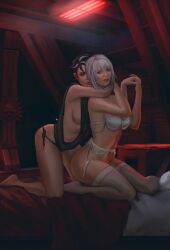 2girls adepta_sororitas barefoot bed bra couple cuddling female female_only hand_around_neck handholding hug hugging_from_behind j-likes-to-draw lesbians looking_at_viewer nun partially_clothed red_light romantic romantic_couple sister_of_battle sleepwear smile stockings warhammer_(franchise) warhammer_40k yuri