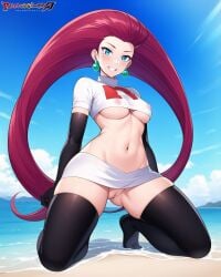 1girls ai_generated anything_diffusion beach blue_eyes breasts covered_nipples full_body jessie_(pokemon) kneeling marusame microskirt nipples no_panties ocean outdoors partially_clothed pokemon pussy skirt smile solo stable_diffusion stocking team_rocket thighhighs underboob vagina water