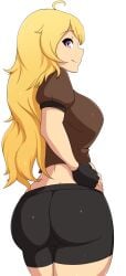 1girls ass big_ass big_breasts bike_shorts blonde_hair breasts busty dragon_breath female female_only hand_on_hip large_breasts legs long_hair looking_at_viewer looking_back pose posing rwby sideboob smile thighs voluptuous yang_xiao_long