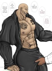 2boys abs baki_the_grappler bulge_grab bulge_through_clothing clothed_male erection_under_clothes first_porn_of_character grappler_baki lasupay3 male/male male_focus male_only mature_male muscular_male nipples spanish_dialogue spanish_text spec_(grappler_baki) tattoo tattoo_on_chest text_bubble