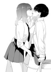 2girls arm_around_waist blush breasts commentary_request desk ear_covers earrings fingering french_kiss grabbing_another's_chin greyscale hand_on_another's_chin jewelry kissing medium_breasts monochrome multiple_girls nipples original panties panty_pull school_desk short_hair stud_earrings takeshisu tongue twitter_username underwear yuri