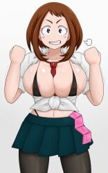 bikini bra cleavage condom condom_wrapper female gyaru highleg large_breasts miniskirt my_hero_academia ochako_uraraka oliver11020 pantyhose slutty_outfit