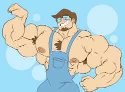 1boy armpit_hair bara beard big_muscles blush chest_hair facial_hair flexing glasses human male male_only moobs muscles muscular nipples overalls remert saberspark solo solo_male topless what why youtuber