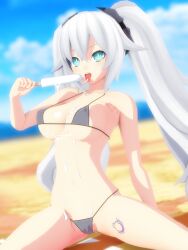 1girls 3d big_breasts bikini black_heart breasts busty green_eyes hi_res large_breasts legs long_hair looking_at_viewer navel neptunia_(series) open_mouth popsicle sexually_suggestive sitting spread_legs thighs tongue tongue_out twintails white_hair