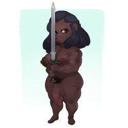 big_breasts big_muscles big_penis black_eyes black_hair dark-skinned_female dark_skin female_pubic_hair futanari gnome hairy hairy_penis huge_arms muscled muscles nipple_slip nipples nude nude_female nude_futanari scars shortstack strong sword zyreo