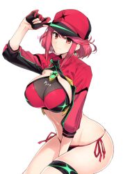 1girls baseball_cap bikini breasts core_crystal cropped_jacket earrings fingerless_gloves gloves halcon harukon_(halcon) hat jacket large_breasts looking_at_viewer midriff nintendo pyra red_bikini red_eyes red_hair red_jacket red_swimsuit short_hair side-tie_bikini side-tie_swimsuit sitting swimsuit thigh_strap xenoblade_(series) xenoblade_chronicles_2