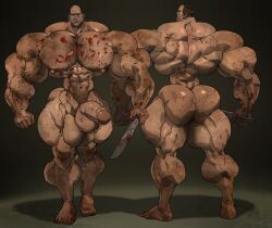 ass back back_view balls bara big_balls big_muscles big_penis blood blood_on_body chest_hair flaccid front_view human knife machete male male_only muscles muscular nude outlast penis remert the_twins_(outlast) weapon