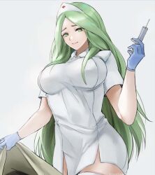 1girls breasts closed_mouth commentary dress english_commentary fire_emblem fire_emblem:_three_houses gloves green_eyes green_hair hat holding holding_syringe infirmary large_breasts long_hair looking_at_viewer needle nintendo nurse nurse_cap nurse_uniform rhea_(fire_emblem) short_dress simple_background solo syringe thighhighs tommietomm tommy_(kingdukeee) white_dress