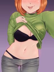 1girls big_breasts black_underwear blush bra breasts clothed_female erik-dibuja flashing flashing_breasts green_sweater huge_breasts lifting_shirt lifting_sweater only_female pulling_down_pants red_hair selfie shorts smile smiling solo solo_female solo_focus sweater tongue tongue_out underwear