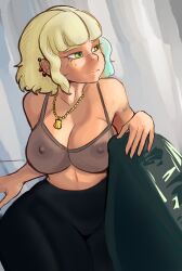 1girls areolae big_breasts blonde_hair brown_skin dark-skinned_female dark_skin disney ecchipoo jackie_lynn_thomas large_breasts nipples nipples_visible_through_bra nipples_visible_through_clothing solo star_vs_the_forces_of_evil streaked_hair thick_thighs