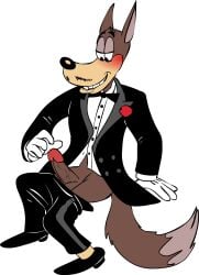 1boy anthro biting_lip blush canine clothed erection facial_hair furry half-closed_eyes imminent_masturbation looking_at_self male male_only metro-goldwyn-mayer moustache no_humans non-human pants_down penis sitting solo stinkek tex_avery tex_avery_wolf toony transparent_background tuxedo wolf