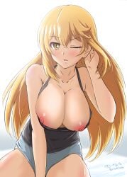 1girls big_breasts blonde_female blonde_hair blush blush_lines blushing_at_viewer breasts breasts_out female female_only golden_eyes huge_breasts light-skinned_female light_skin long_hair looking_at_viewer nipples pink_nipples shokuhou_misaki solo to_aru_kagaku_no_railgun to_aru_majutsu_no_index unknown_artist yellow_eyes