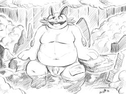 1boy 2018 3_fingers 3_toes anthro arms_at_sides balls belly belly_button black_and_white bush casual_exposure casual_nudity chubby chubby_anthro chubby_male fins flaccid game_freak generation_3_pokemon genitals gift_art grass half-closed_eyes happy hot_spring humanoid_genitalia humanoid_penis in_water looking_at_viewer male male_only naked nature nature_background navel nintendo open_mouth penis pokemon pokemon_(species) rock rocks signature sitting sitting_in_water sitting_on_ground sitting_on_rock sketch smile smiling solo spa swampert tongue towel towel_on_legs tree water zestibone