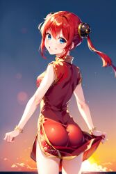 ai_generated ass blue_eyes bracelets breasts bubble_butt bun_cover china_dress chinese_clothes double_bun female female_only full_body gintama grin hair_ornament kagura_(gintama) looking_at_viewer looking_back nai_diffusion orange_hair red_hair small_breasts smile solo stable_diffusion twintails