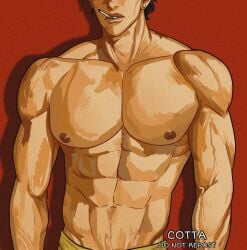 1boy cigarette cottadraws dilf jojo's_bizarre_adventure jotaro_kujo male male_nipples male_only mature_male older_male pectoral_focus pectorals solo stone_ocean