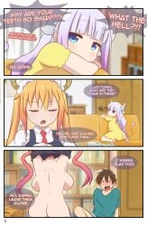 1boy 1girls absurd_res back_view backboob books bookshelf canon_couple comic greatm8 horns ilulu_(dragon_maid) kanna_kamui kobayashi-san_chi_no_maidragon large_breasts miss_kobayashi's_dragon_maid nude_female pink_hair shortstack sideboob taketo_(dragon_maid) tohru_(dragon_maid) undressing vert very_long_hair young