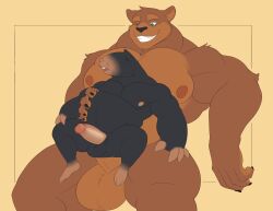 anthro bear boner brown_body brown_fur duo erection fur genitals grin male male/male male_only mammal mole_(disambiguation) nude one_eye_closed penis sex size_difference slightly_chubby smile unrealrui wink