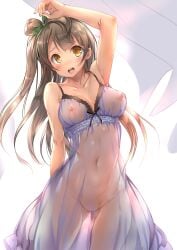 1girls ajishio breasts brown_hair covered_navel covered_nipples love_live! love_live!_school_idol_project medium_breasts minami_kotori navel nightgown nipples solo solo_female solo_focus transparent_clothing yellow_eyes