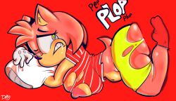 2021 ambiguous_penetration amy_rose anthro anthro_penetrated big_breasts breast_squish breasts clenched_teeth clothed clothing doolyboobieboy eulipotyphlan female female_penetrated footwear gloves handwear hedgehog hi_res looking_back mammal nipples partially_clothed penetration pillow red_background sega side_view simple_background socks solo sonic_(series) sonic_the_hedgehog_(series) sound_effects squish stomach_bulge teeth text torn_clothing