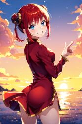 ai_generated ass big_ass blue_eyes bubble_butt bun_cover china_dress chinese_clothes female female_only gintama grin kagura_(gintama) nai_diffusion red_hair smile solo stable_diffusion sunset wide_hips