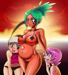 3girls bikini cerebella chacrawarrior cleavage female female_only feng_(skullgirls) green_hair green_lipstick grey_hair pink_hair pregnant purple_eyes skullgirls smile sunset tagme umbrella_(skullgirls) wholesome