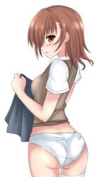 10s 1girls 2013 :o ass blush brown_eyes brown_hair female female_only from_behind hi_res holding_object holding_skirt looking_back matching_hair/eyes miniskirt misaka_mikoto no_pants open_mouth panties school_uniform schoolgirl senra_banshou short_hair skirt skirt_removed solo standing teenage_girl teenager thighhighs to_aru_kagaku_no_railgun to_aru_majutsu_no_index tokiwadai_school_uniform underwear white_background white_panties white_thighhighs young