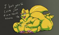 alphys anthro ass belly big_belly big_breasts big_butt big_nipples breast_squish breasts claws deltarune dialogue dinosaur eyewear feet female glasses hi_res huge_butt kentuckiyucki lidded_eyes lying monster nipples open_mouth reptile scalie smug solo squish teasing thick_thighs tongue undertale undertale_(series)