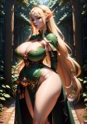 1girls 2023 ai_generated belly_bulge big_ass big_breasts blonde_hair bubble_butt chubby_belly cleavage clothed_female curvaceous curvy dress elf elf_ears elf_female female_only forest green_dress hourglass_figure huge_breasts iluvntr large_breasts long_hair milf pointy_ears solo stable_diffusion sunlight thick_thighs tiara wide_hips yellow_eyes