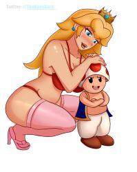 1boy 1girls breasts female male mario_(series) princess_peach smaller_male squatting thekaosdark toad_(mario)