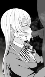 1boy 1girls :>= baji_toufuu_(bajitohfu) bajitohfu blazer blush bow bowtie breasts cleaning_cock cleaning_fellatio closed_eyes clothed_female_nude_male dark_background fellatio female greyscale hair_between_eyes heavy_breathing highres jacket large_breasts long_hair monochrome nakiri_erina nude oral oral_cock_cleaning penis profile saliva shokugeki_no_souma straight striped striped_bow striped_bowtie tongue tongue_out tootsuki_saryou_ryouri_gakuen_uniform