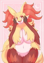 big_breasts breasts delphox female huge_breasts no_humans pokémon_(species) pokemon snackbunnii thick_thighs wide_hips