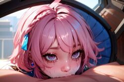 1boy 1girls ai_generated all_fours all_the_way_to_the_base bangs blue_eyes blush braid crying cute cute_eyes deepthroat deepthroat_holder deepthroat_no_hands earrings eye_contact eyelashes fellatio female fluffymammoth gag gagging good_girl honkai:_star_rail innocent jewelry kneeling march_7th_(honkai:_star_rail) mascara oral pale-skinned_female petite pink_hair pov runny_makeup saliva short_hair skinny slim solo straight tears teenager young