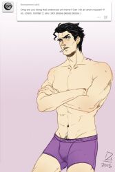 1boy 2015 arms_crossed arms_crossed_under_pecs black_hair blue_eyes boxers cigarette joestar_birthmark jojo's_bizarre_adventure jotaro_kujo male male_only male_underwear muscular_male request sketchyziedrak solo stardust_crusaders text topless_male underwear