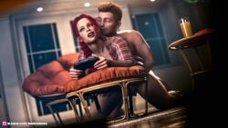 1boy 1girls 2022 3d bottomless darkside80 dutch_angle female from_behind male manon_(darkside80) multitasking nude nude_male original_character plaid_shirt playing_videogame red_hair shirt straight