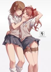 2020 2020s 2girls artist_name ass_visible_through_thighs bare_legs breasts brown_eyes brown_hair cameltoe collared_shirt feet_out_of_frame female gluteal_fold hair_ribbon hi_res kneehighs loose_socks matching_hair/eyes miniskirt misaka_mikoto mool_yueguang multiple_girls needle open_mouth panties panty_peek pantyshot parted_bangs red_eyes red_hair red_ribbon ribbon saliva school_uniform schoolgirl shirai_kuroko shirt short_sleeves skirt small_breasts smile socks standing sweater_vest teenage_girl teenager thigh_strap thighs to_aru_kagaku_no_railgun to_aru_majutsu_no_index tokiwadai_school_uniform twintails underwear upskirt white_background white_panties white_socks young yuri