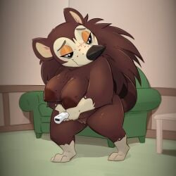 2023 absurd_res animal_crossing anthro big_breasts breasts brown_body brown_fur casual_nudity controller curvy_figure detailed_background eulipotyphlan female fur game_controller gaming genitals hedgehog hi_res holding_controller holding_object honeymono inside looking_away mammal nintendo nintendo_controller nude nude_female pussy sable_able solo thick_thighs voluptuous wii wii_remote wiimote