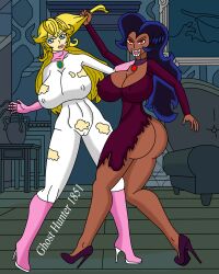 2girls black_hair blonde_female blonde_hair blue_eyes boots bottomless catfight commentary_request crossover curvy curvy_figure dark-skinned_female dark_skin eastern_and_western_character female female_only full_body ghosthunter1851(artist) high_heels huge_ass huge_breasts mario_(series) mario_kart multiple_girls nintendo ok_k.o.!_let's_be_heroes princess_peach pulling_hair red_eyes ripped_clothing skin_tight standing thick_ass thick_thighs vampire wide_hips wilhamena