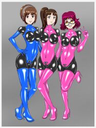 3girls arms_up bangs black_bodysuit blue_elbow_gloves blue_gloves blue_high_heel_boots blue_high_heels blue_latex blue_latex_elbow_gloves blue_latex_legwear blue_latex_thighhighs blue_legwear blue_long_gloves bodysuit bones_(studio) brown_eyes brown_hair crossover elbow_gloves erect_nipple erect_nipples erect_nipples_under_clothes erection erection_under_clothes female full_body glasses gloves godzilla:_city_on_the_edge_of_battle godzilla:_monster_planet godzilla:_the_planet_eater godzilla_(series) godzilla_singular_point gray_eyes grey_background grey_eyes hands_behind hands_behind_back hands_on_ass hands_on_hips hands_on_own_hips headwear high_heel_boots high_heels lah_kara latex latex_armwear latex_bodysuit latex_boots latex_breasts latex_elbow_gloves latex_gloves latex_legwear latex_long_gloves latex_nipples latex_skin latex_skinsuit latex_stockings latex_suit latex_thigh_highs latex_thighhighs latex_vagina legs legs_up legwear long_gloves looking_at_viewer lucasfilm megane mei_kamino multiple_girls orange_(studio) peace_sign pink_elbow_gloves pink_gloves pink_high_heel_boots pink_high_heels pink_latex pink_latex_elbow_gloves pink_legwear png polygon_pictures ponytail production_ig purple_hair pussy short_hair side_ponytail skin_tight skin_tight_outfit skin_tight_suit skintight skintight_bodysuit skintight_clothing skintight_suit smiling smiling_at_viewer star_wars star_wars_visions stray_123 the_ninth_jedi thick_thighs thighhighs thighs toho toho_(film_company) trio v v_sign vagina yellow_eyes yuko_tani