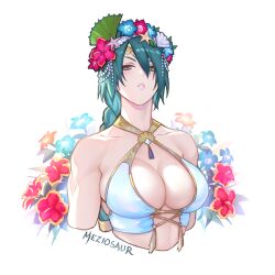 1girls alternate_costume bikini braid braided_ponytail breasts criss-cross_halter female female female_only fire_emblem fire_emblem_heroes flower_wreath green_eyes green_hair halterneck large_breasts lips looking_at_viewer low_ponytail meziosaur nintendo official_alternate_costume parted_lips ponytail solo swimsuit tassel teeth thorr_(fire_emblem) thorr_(summer)_(fire_emblem) upper_body v-shaped_eyebrows watermark white_background white_bikini white_swimsuit