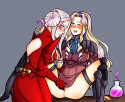 2girls artist_request blonde_hair blush closed_eye clothed_female clothed_sex constance_von_nuvelle curled_hair double_bun doughnut_hair_bun dress edelgard_von_hresvelg female femdom femsub fingering fire_emblem fire_emblem:_three_houses fully_clothed_female hair_bun multiple_girls nintendo no_panties post-timeskip potion purple_eyes skirt_lift source_request white_hair yuri