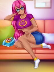 busty_biz female gamer_girl glasses long_hair pink_hair rose_(busty_biz)