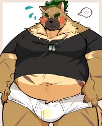 0119_muu 2023 anthro belly big_belly blush bodily_fluids bulge canid canine canis clothing domestic_dog genital_fluids hi_res humanoid_hands kemono lifewonders male mammal navel overweight overweight_male pee_stain peeing peeing_self scar shirt solo sweat tokyo_afterschool_summoners topwear underwear urinating urinating_male urination urine urine_stain yasuyori