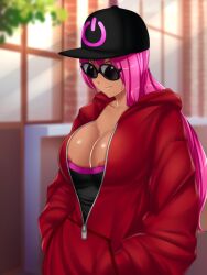 busty_biz female gamer_girl glasses long_hair pink_hair rose_(busty_biz)