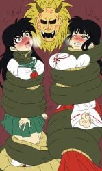 2girls asphyxiation big_breasts black_hair blunt_bangs blush breasts brown_eyes clenched_teeth clothing coiling constriction drooling female female_only green_skirt hakama hakama_skirt inuyasha kagome_higurashi kikyo_(inuyasha) large_breasts long_hair miko multiple_girls one_eye_closed open_mouth pleated_skirt red_hakama restrained saliva school_uniform serafuku simple_background snake stran-things strangling tagme tongue white_kimono