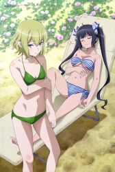 2girls arm_under_breasts big_breasts bikini blonde_hair blue_eyes busty cleavage closed_eyes dungeon_ni_deai_wo_motomeru_no_wa_machigatteiru_darou_ka feet hestia_(danmachi) large_breasts legs long_hair lying megami_magazine navel official_art ryuu_lion short_hair small_breasts smile thighs twintails