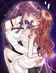 2girls blush bondage cleavage deep_kissing dress dubious_consent eyes_half_open female female_only hand_on_chin hands_tied_behind_back himeko_(honkai:_star_rail) holding_mouth_open honkai:_star_rail imminent_sex kafka_(honkai:_star_rail) kissing looking_at_another making_out memeanimeow ponytail purple_hair questionable_consent red_hair saliva saliva_trail sitting_on_lap sunglasses_on_head sweat tearing_up tied tied_hands tongue_out yuri