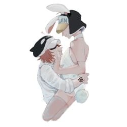 2boys brown_hair bunny_boy bunny_ears bunny_tail bunnysuit covered_eyes crossdressing embrace eye_contact gay hat headwear hug looking_at_another male male_only male_playboy_bunny oe2_iiiiiiii one_piece penguin_(one_piece) shachi_(one_piece) smile sunglasses tattoo thighhighs white_leotard yaoi