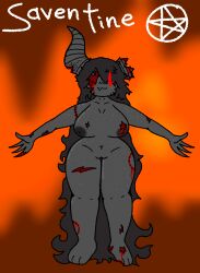 areola big_breasts black_areola blood bodily_fluids breasts broken_horn demon dimsun female freckles grey_body grey_skin hair horn humanoid long_hair model_sheet nude scar scars_all_over solo