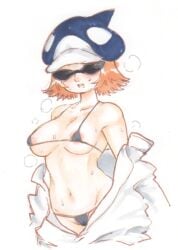 areola_slip big_breasts bikini black_bikini female female_only genderswap_(mtf) hat headwear looking_at_viewer micro_bikini nikaku1sk one_piece open_clothes post-timeskip rule_63 shachi_(one_piece) shiku_shiku_no_mi short_hair smile solo sunglasses sweat swimsuit traditional_media_(artwork) wet_skin